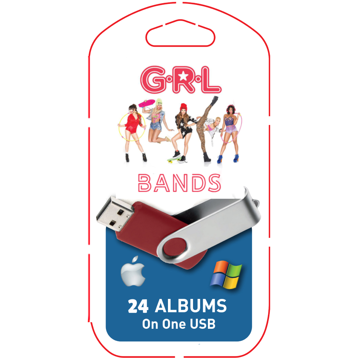 A USB flash drive with a label featuring cartoon images of female singers and the text 'GIRL BANDS' on the top. The drive is red, and the label has the Apple logo at the bottom, indicating compatibility with Apple devices.